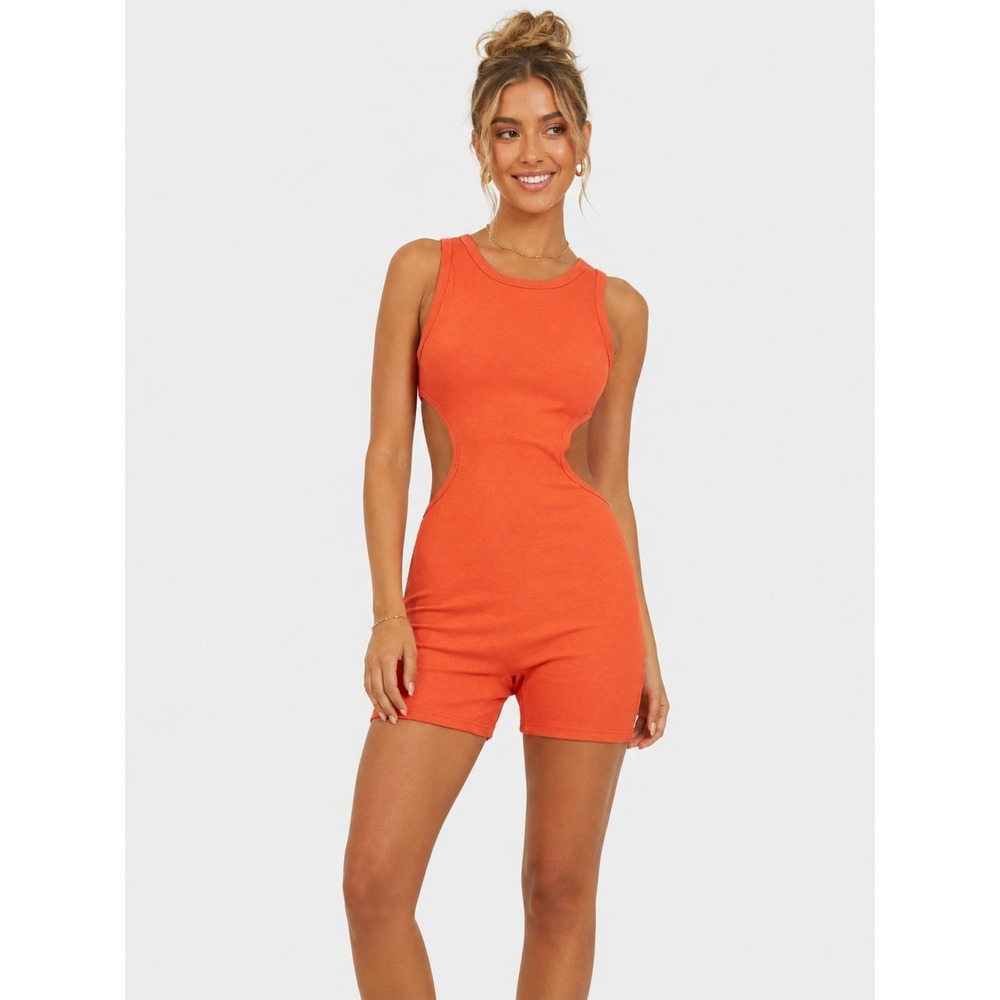 NWT Fashion Nova Kristina Backless Sculpt Romper Orange Ribbed Cut-Out Size M